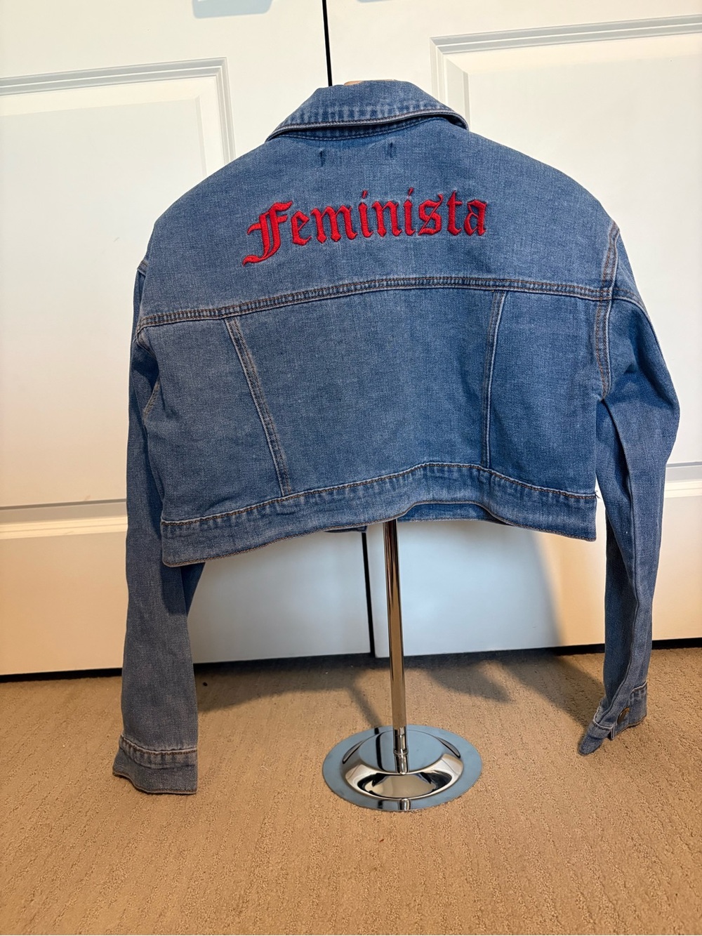 Forever 21 Blue Denim Jean Jacket with Red "Feminista" Embroidery